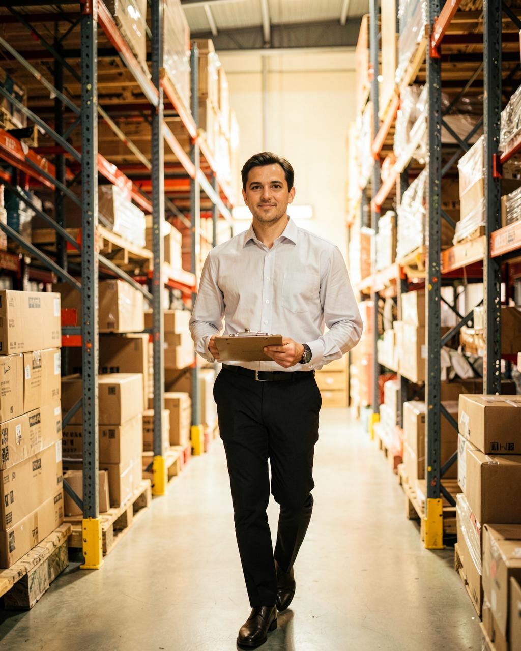A business owner reviewing inventory in a warehouse aisle