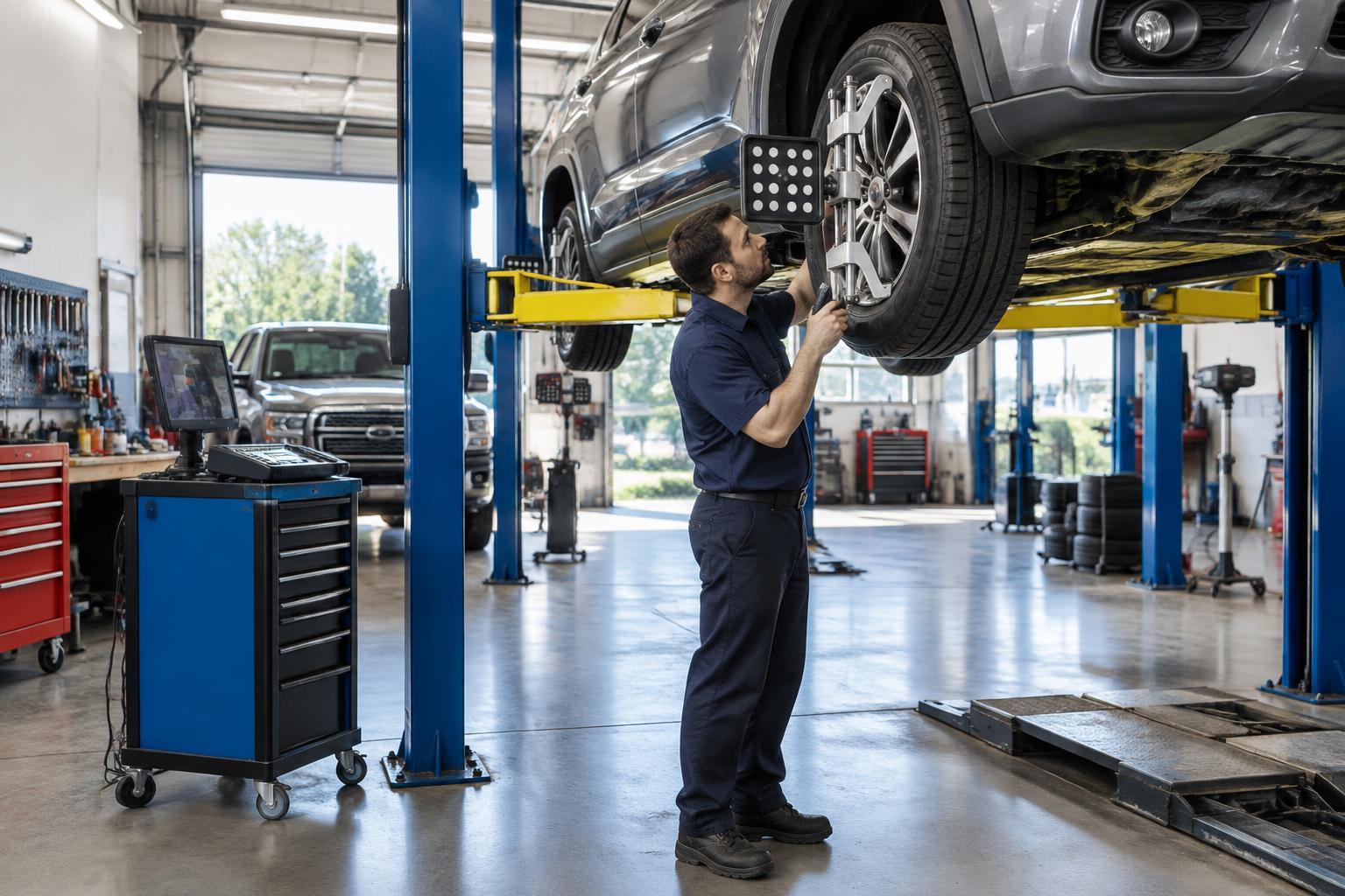 Mechanic inspecting a vehicle on a commercial repair shop lift
