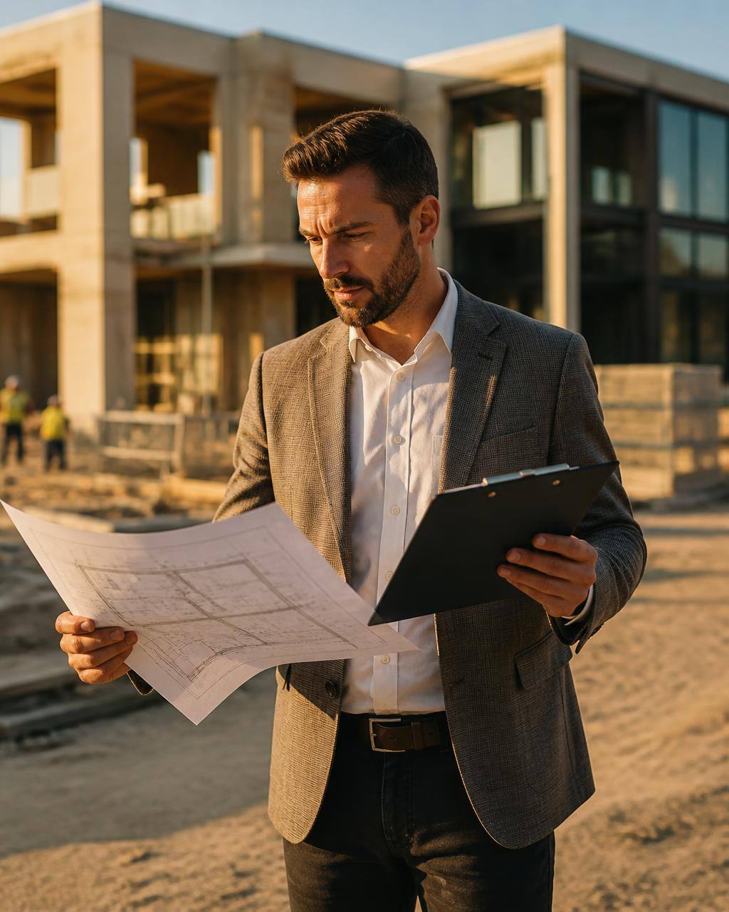 A commercial real estate developer reviewing property plans at a construction site