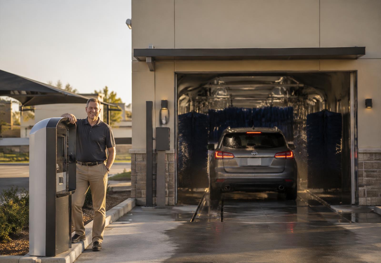 A car wash owner standing by the pay station as a car enters the tunnel