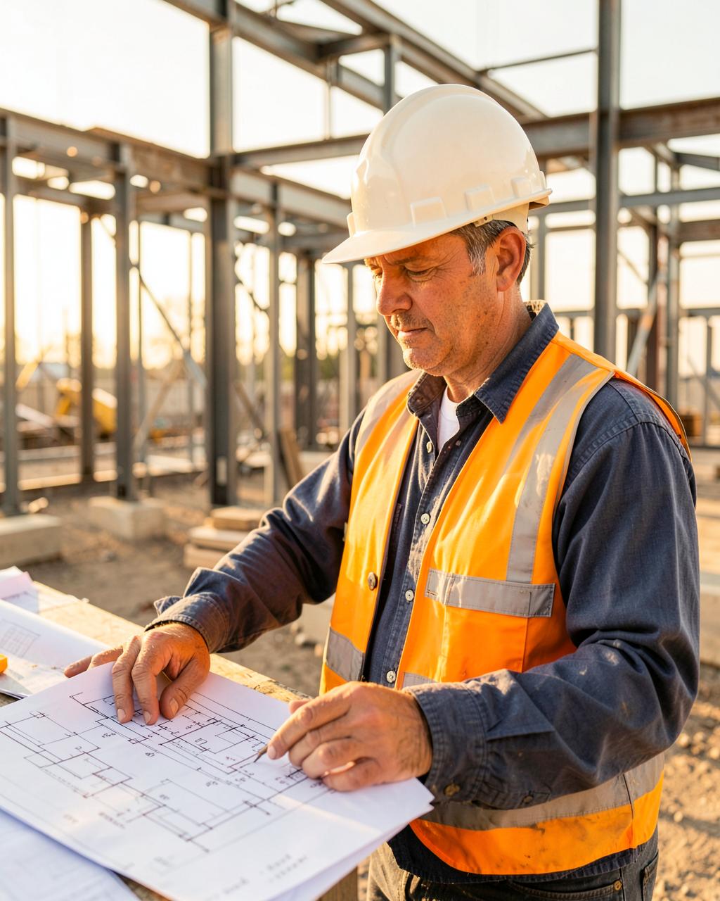A general contractor reviewing blueprints on a commercial construction site