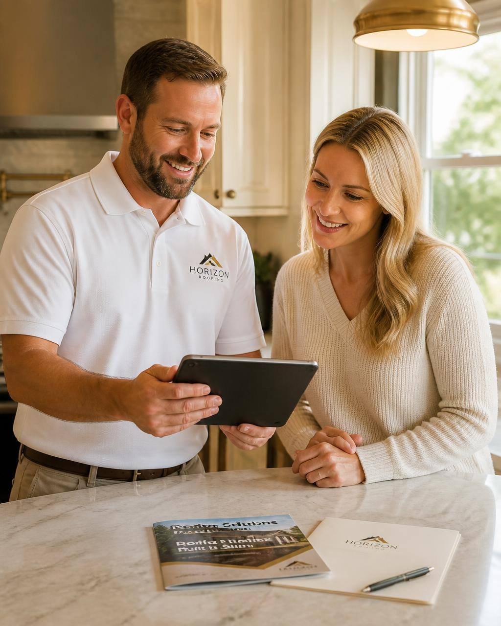 A roofing contractor showing a financing option on a tablet to a smiling homeowner at their kitchen counter