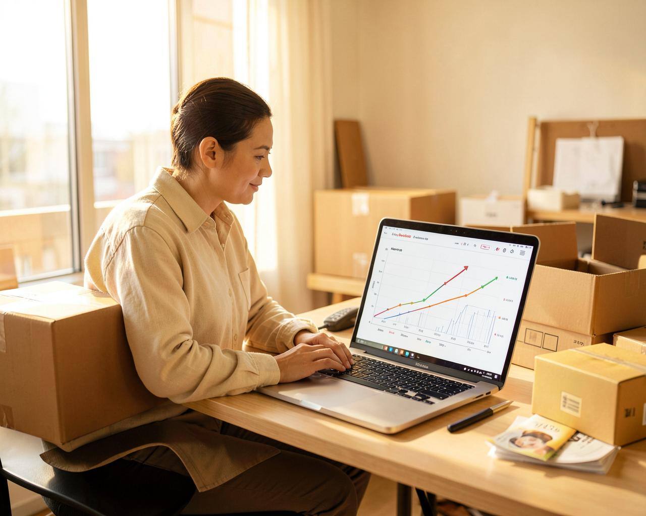 An e-commerce brand owner reviewing a rising sales chart on a laptop surrounded by shipping boxes
