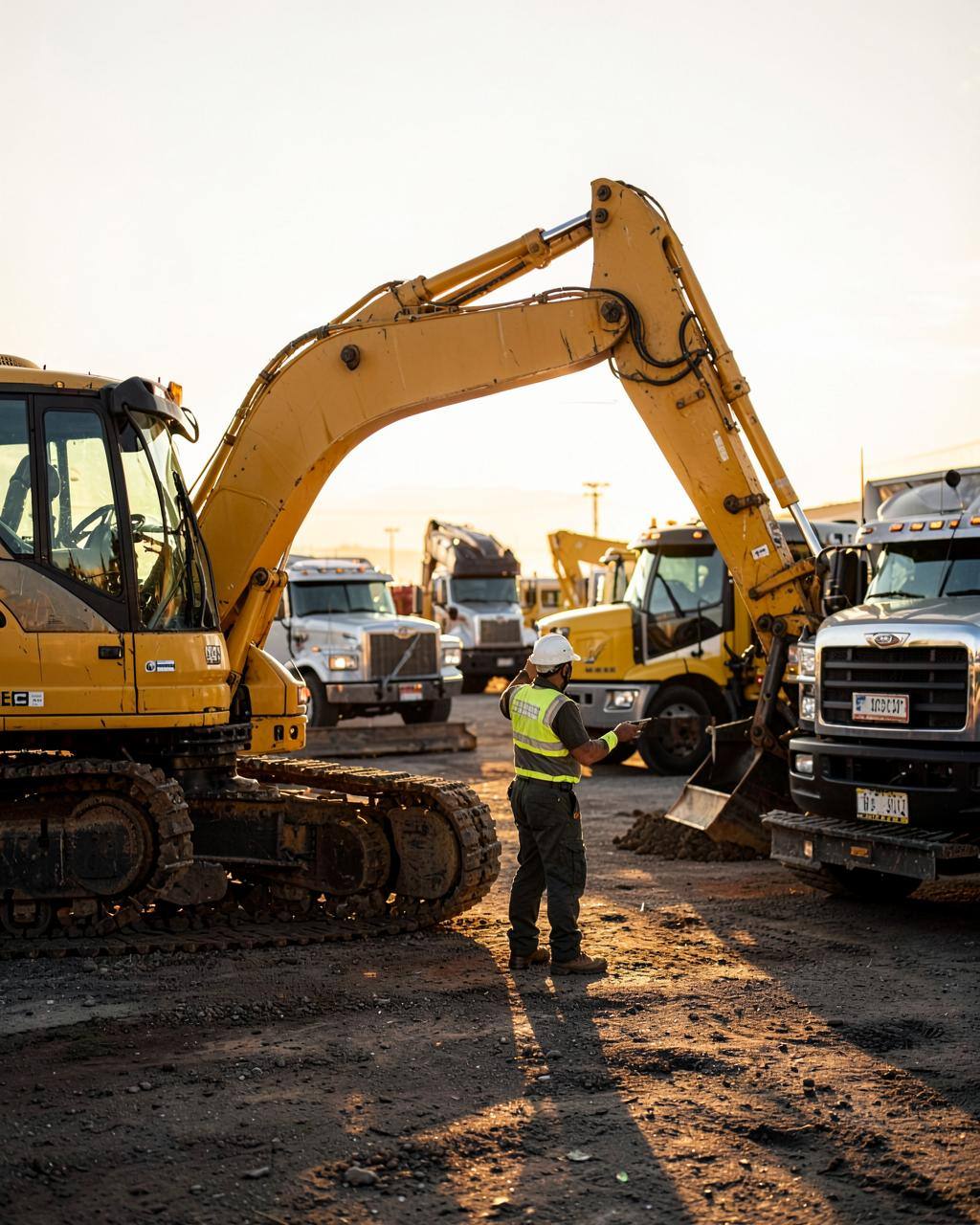 Commercial construction equipment and fleet trucks at a business yard at golden hour