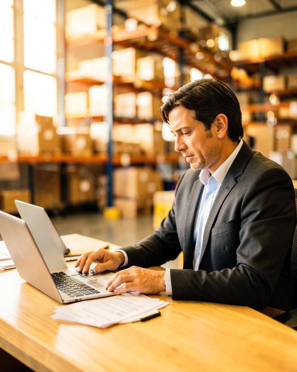 A business owner reviewing invoices on a laptop in a bright warehouse office