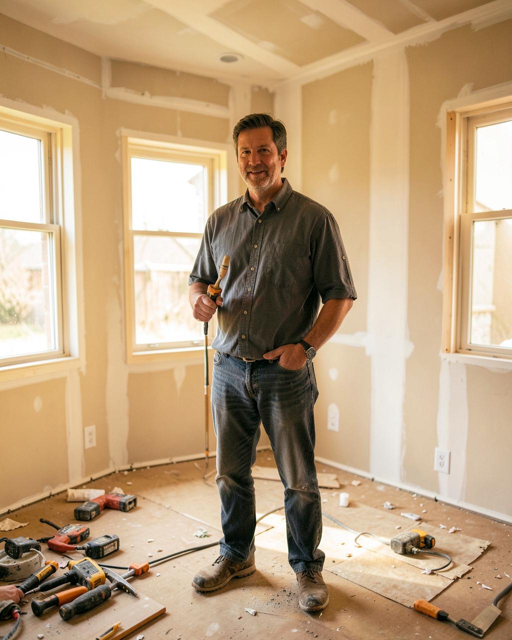 A real estate investor standing inside a house mid-renovation