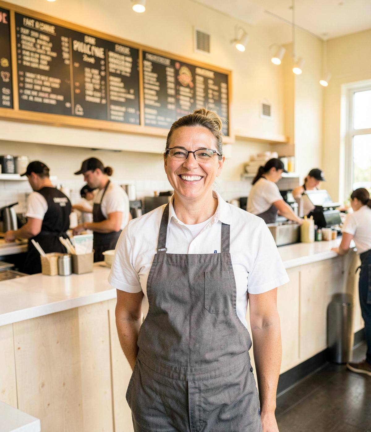 A smiling franchise owner standing in her new fast-casual restaurant location