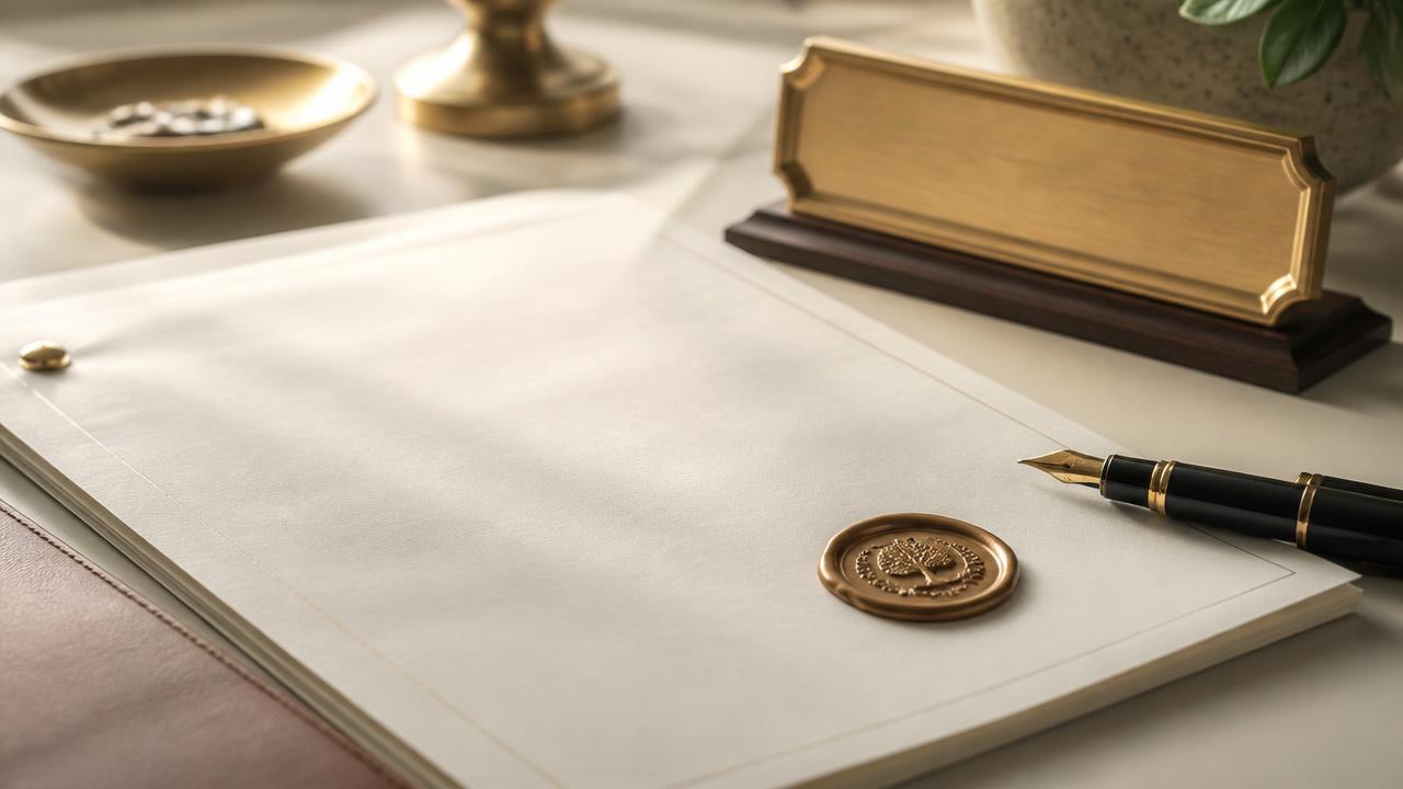 Business formation documents, pen, and seal on a desk