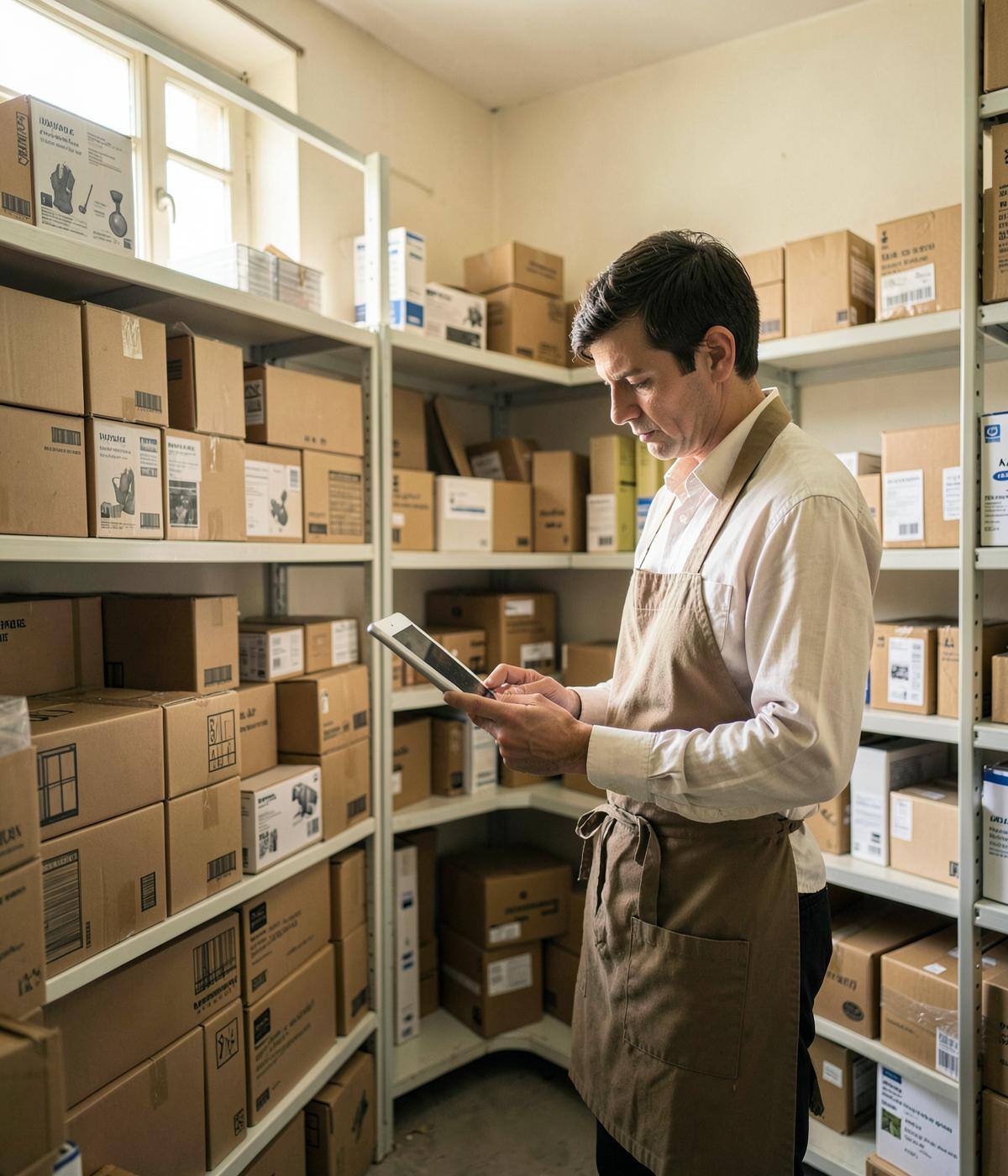 A business owner reviewing stocked shelves of product inventory on a tablet in a warehouse stockroom