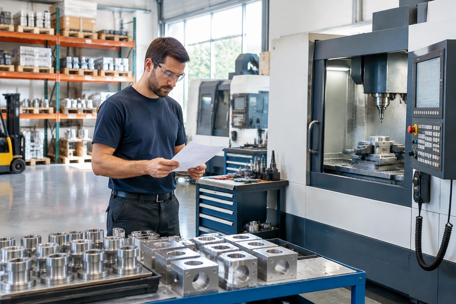 Operator reviewing a work order beside commercial manufacturing machinery