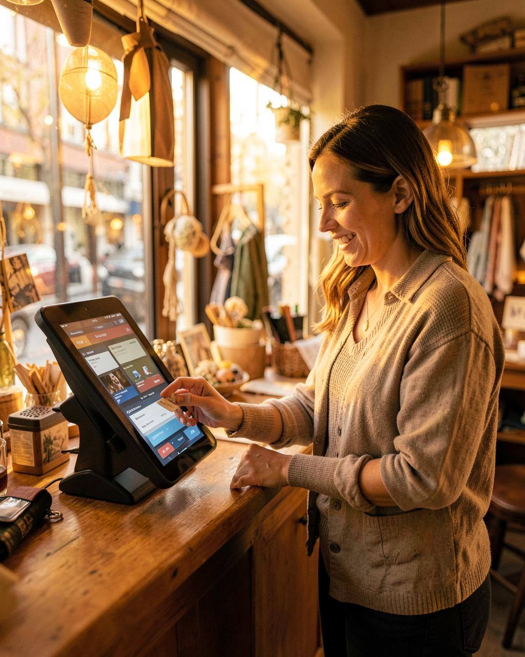 A boutique shop owner taking a card payment at the counter of her store