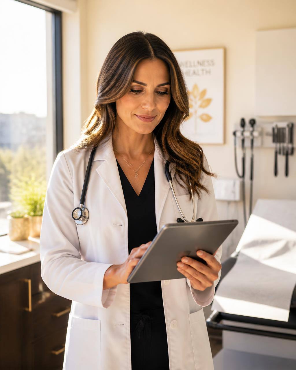 A physician reviewing patient records on a tablet in a modern, bright medical clinic