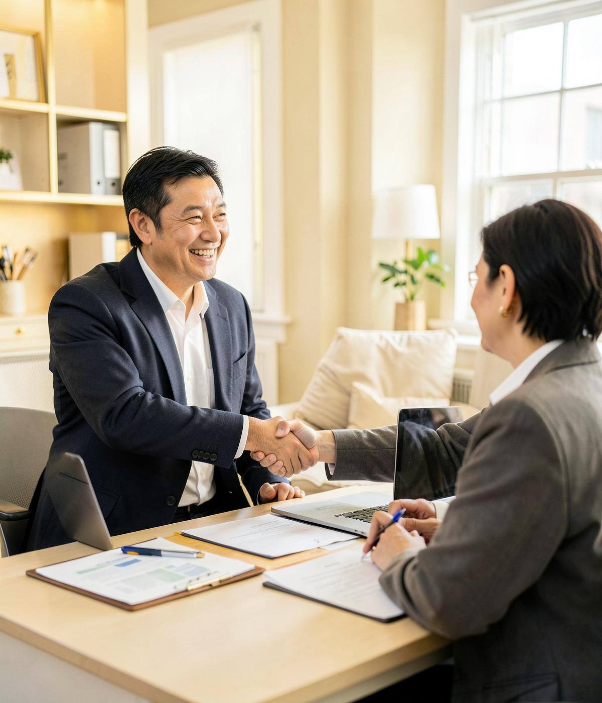 A CPA shaking hands with a small business owner across a desk in a bright office