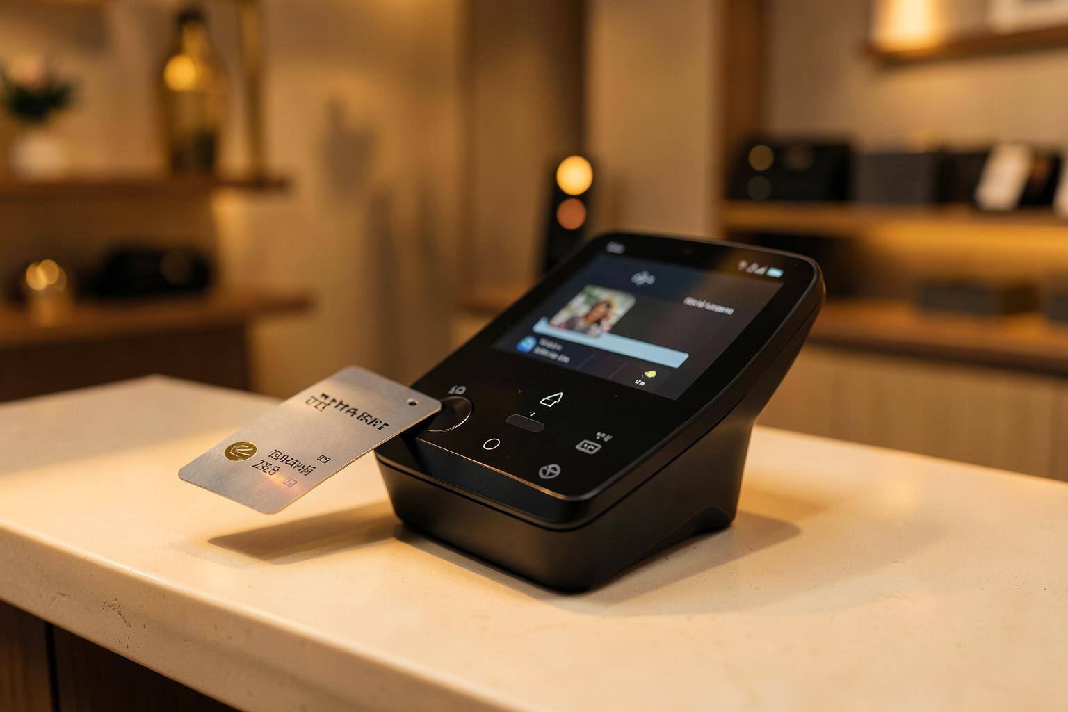 Smart point-of-sale terminal accepting a contactless card payment on a boutique counter