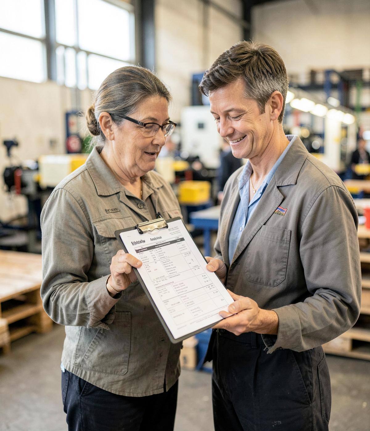 A manufacturer and business owner reviewing a printed purchase order on a production floor