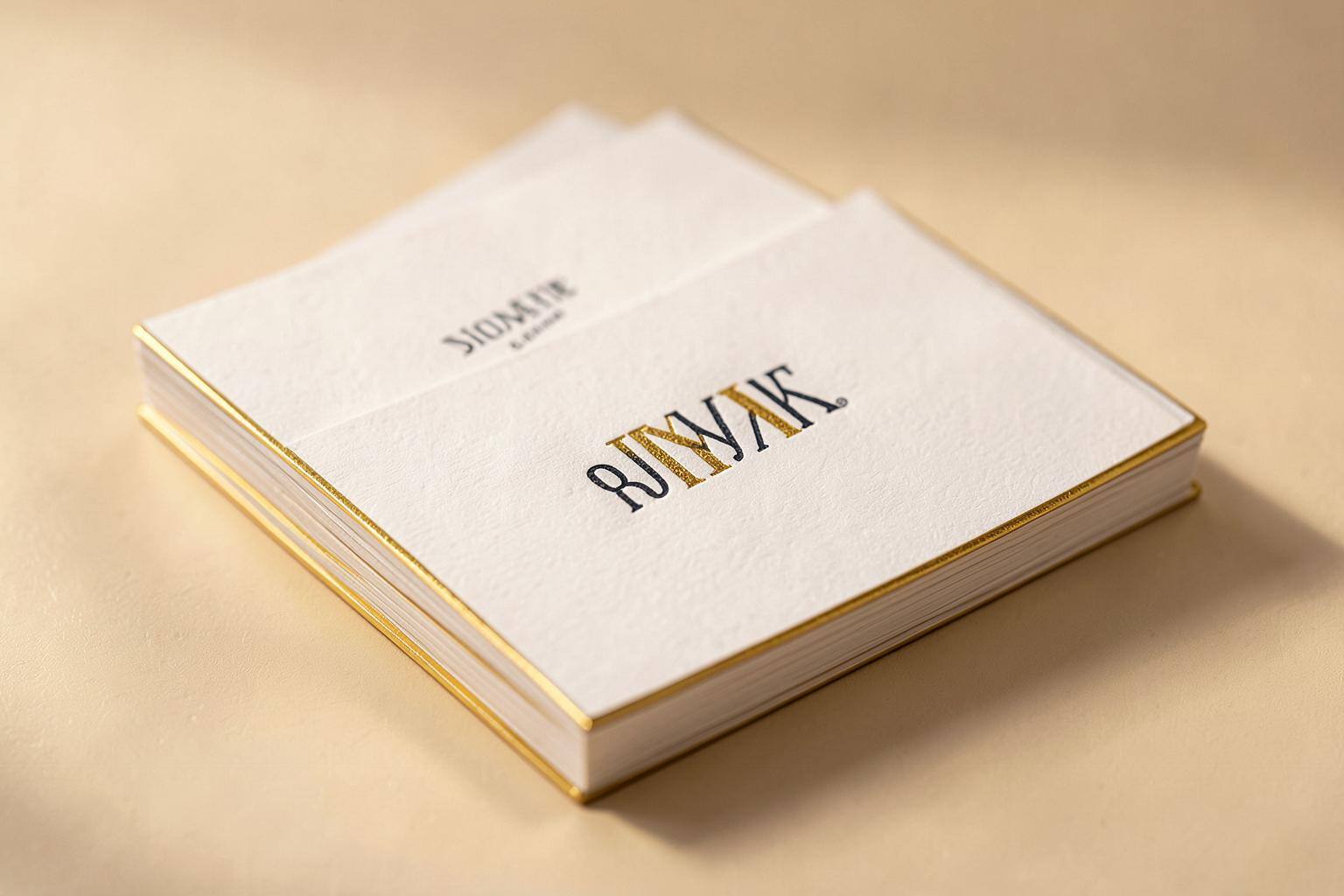 Luxury cotton business cards with gold foil edges on a warm studio surface