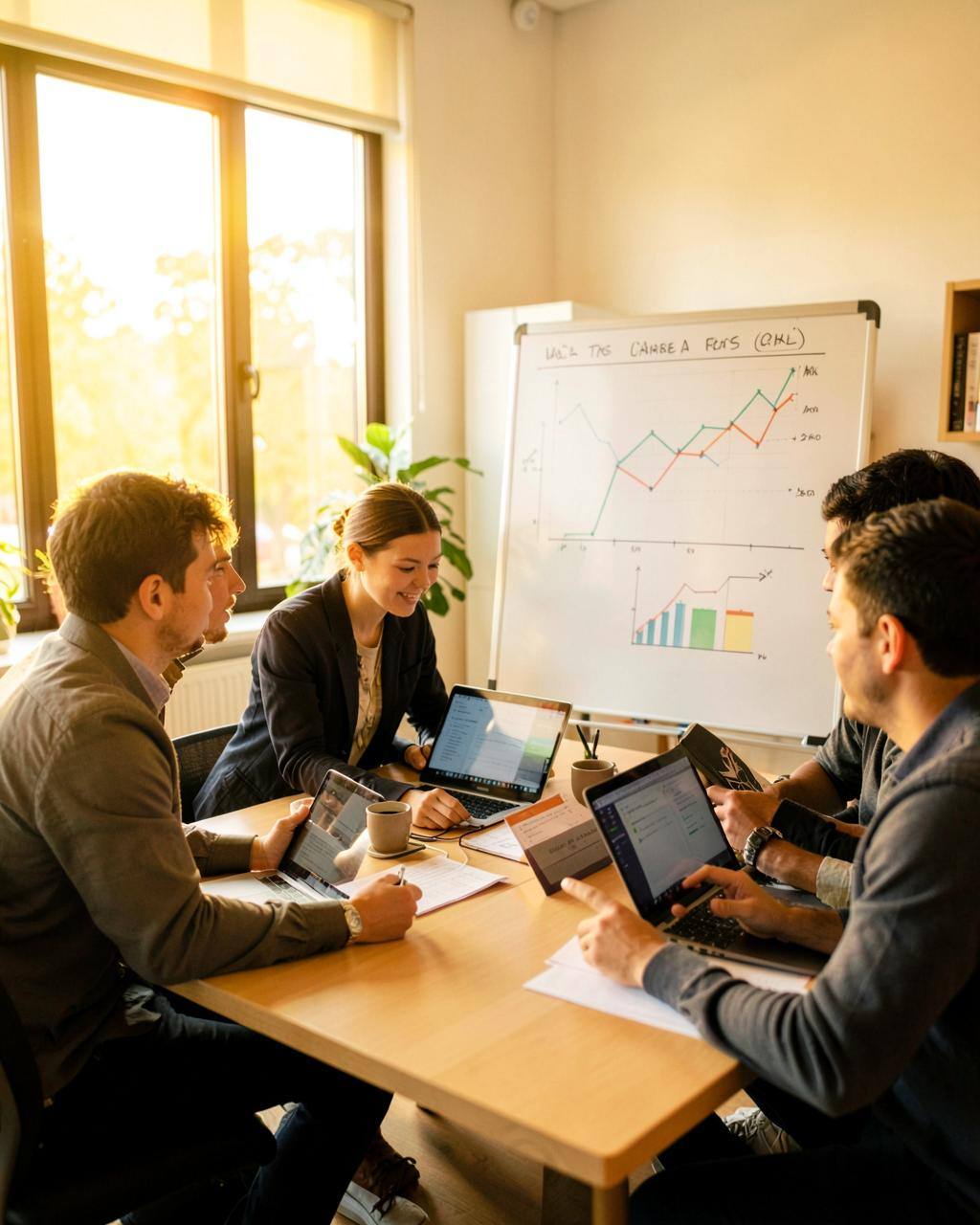A software startup team reviewing growth metrics together in a bright office