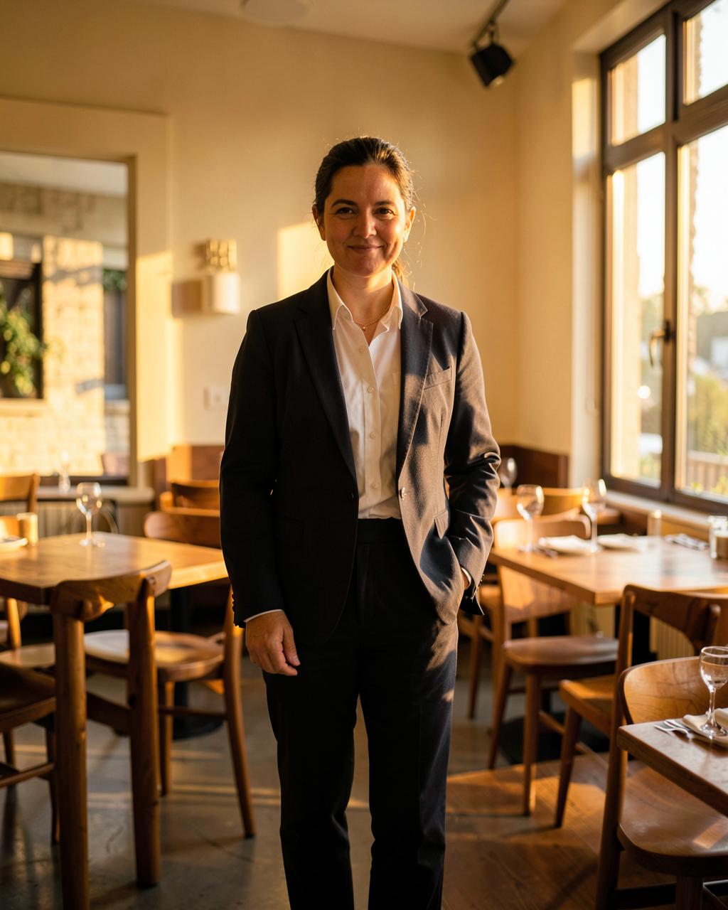 A restaurant owner standing in the dining room of her bistro