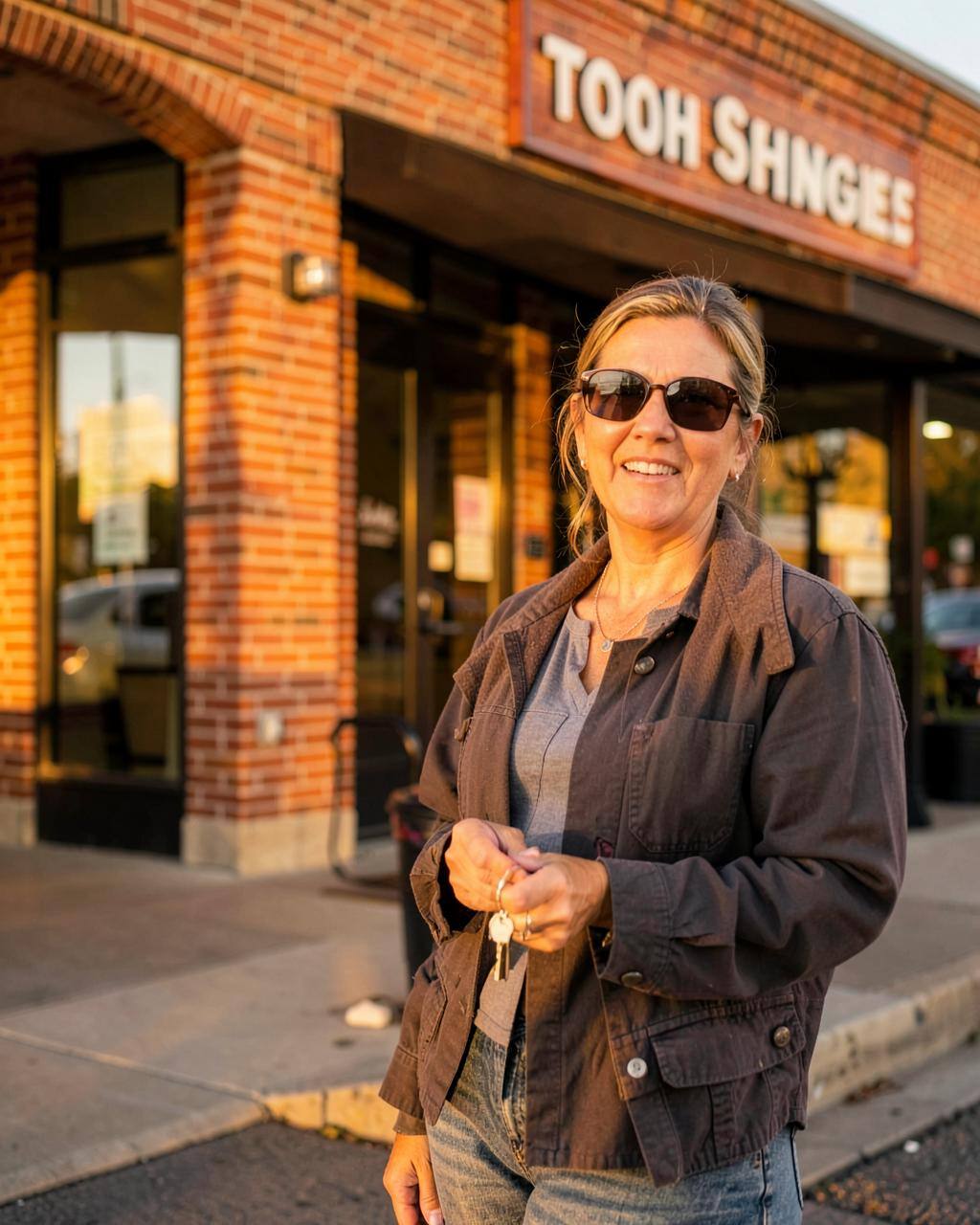 A business owner holding keys outside their newly purchased commercial building