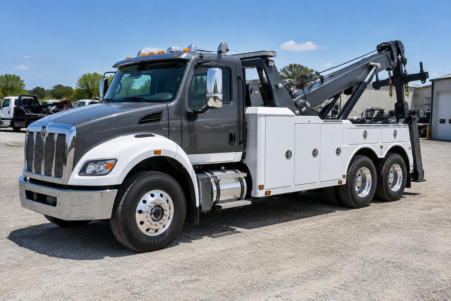 Commercial heavy wrecker parked at a towing business