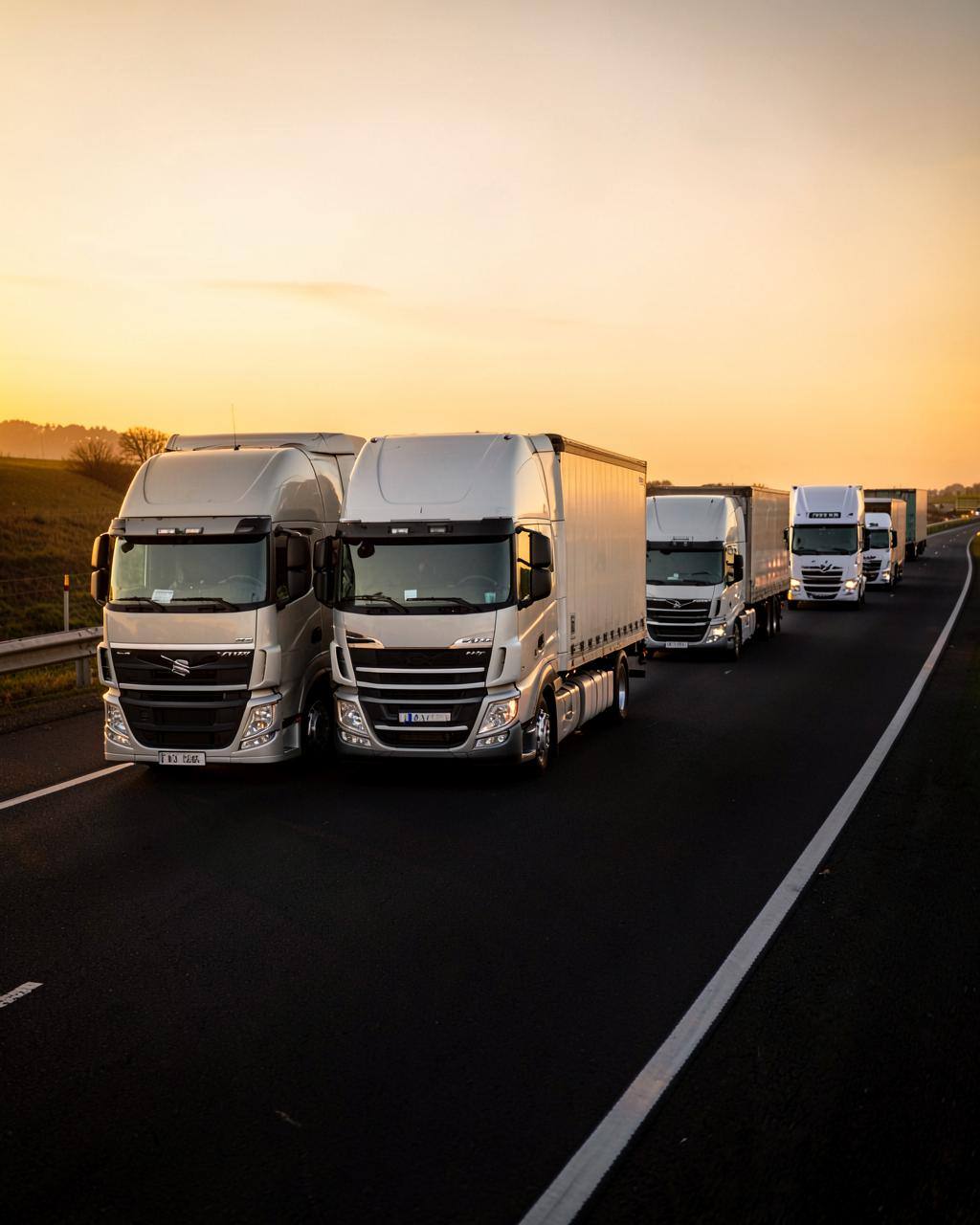 Fleet of semi trucks on a highway at golden hour
