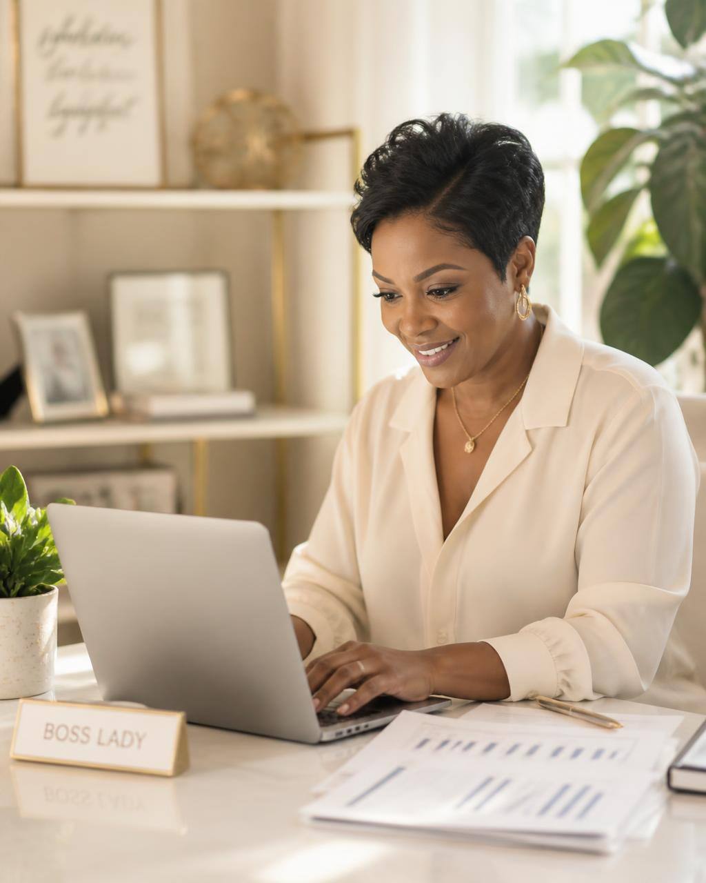 A small business owner reviewing financial documents on a laptop in a bright modern office