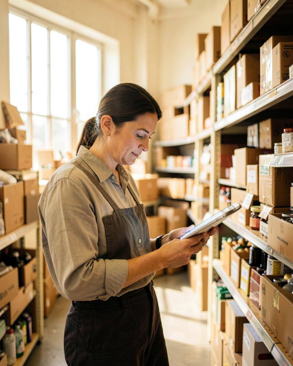 A small business owner checking inventory on a tablet in a stocked warehouse
