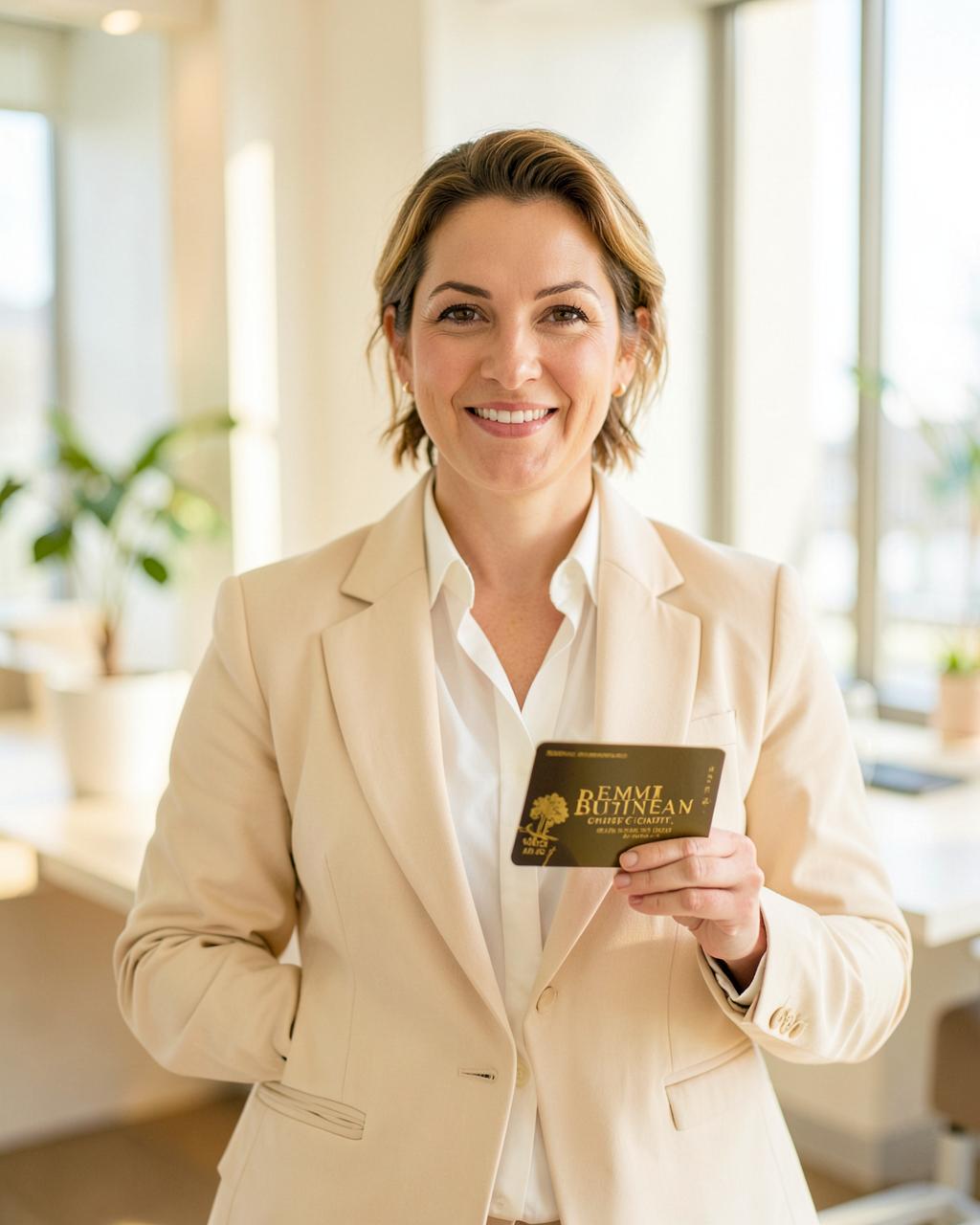 A small business owner holding a premium business credit card in a bright modern office